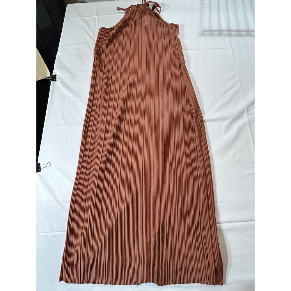 A New Day Brown Plisse Pleated Halter Maxi Dress XS Rust Brown Slit Hem